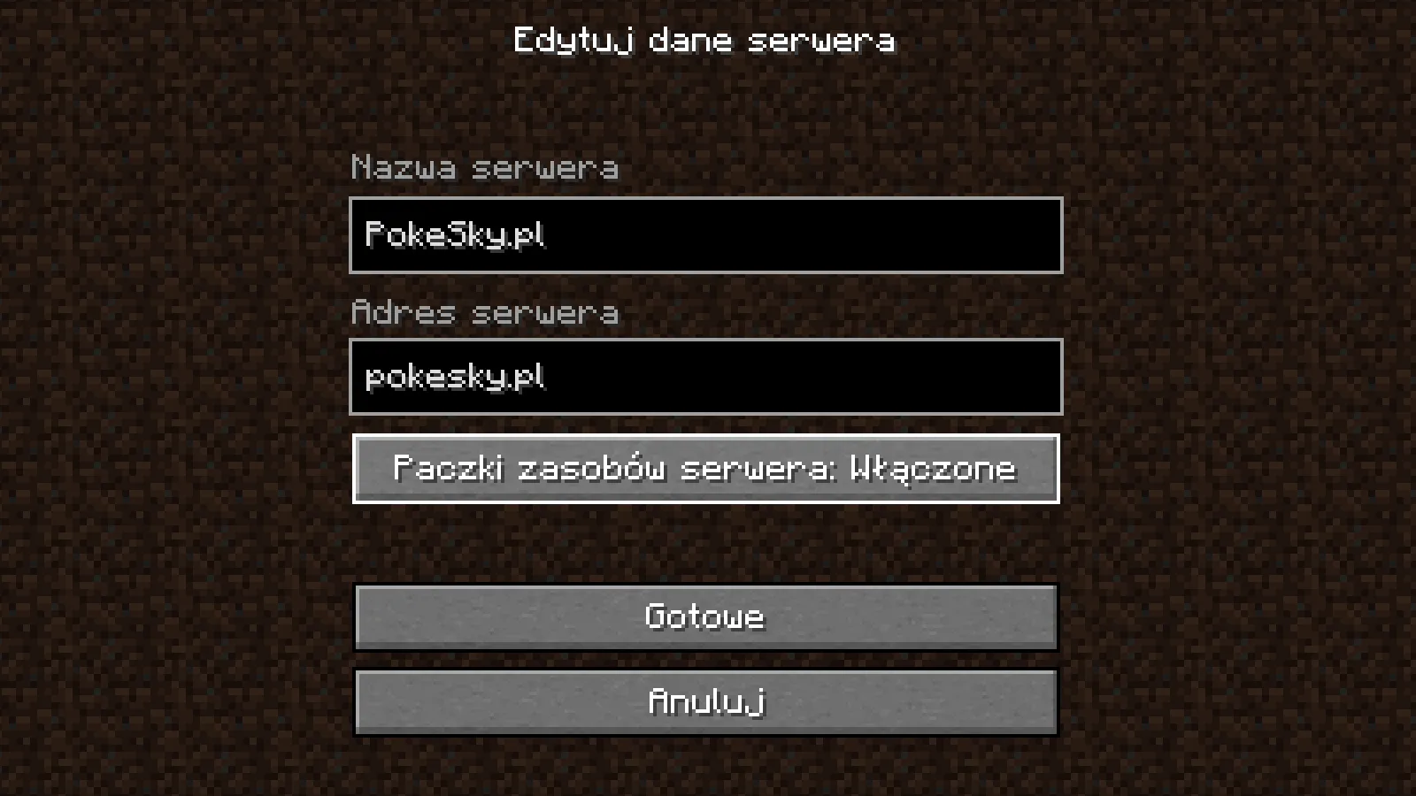 Na liście serwerów, zezwól serwerowi PokeSky.pl na pobieranie paczek zasobów Screen z edycji danych serwera Minecraft